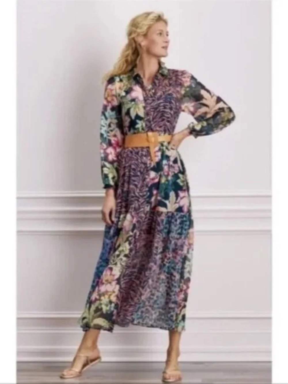 Soft Surroundings Multicolor Floral & Abstract Long Sleeve Maxi Dress